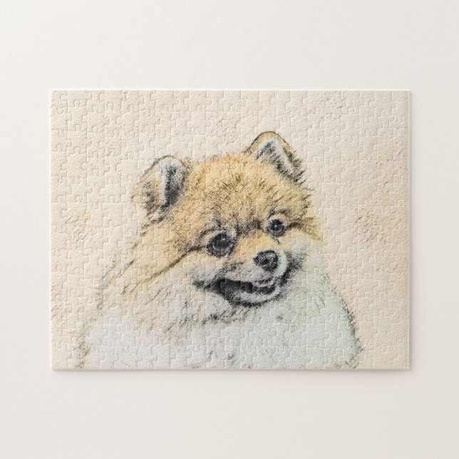 Spitz (Orange) Malerei - Originale Hundekunst Puzzle (Horizontal)