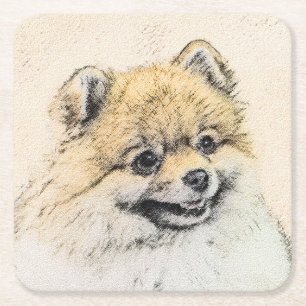 Spitz (Orange) Malerei - Originale Hundekunst Rechteckiger Pappuntersetzer