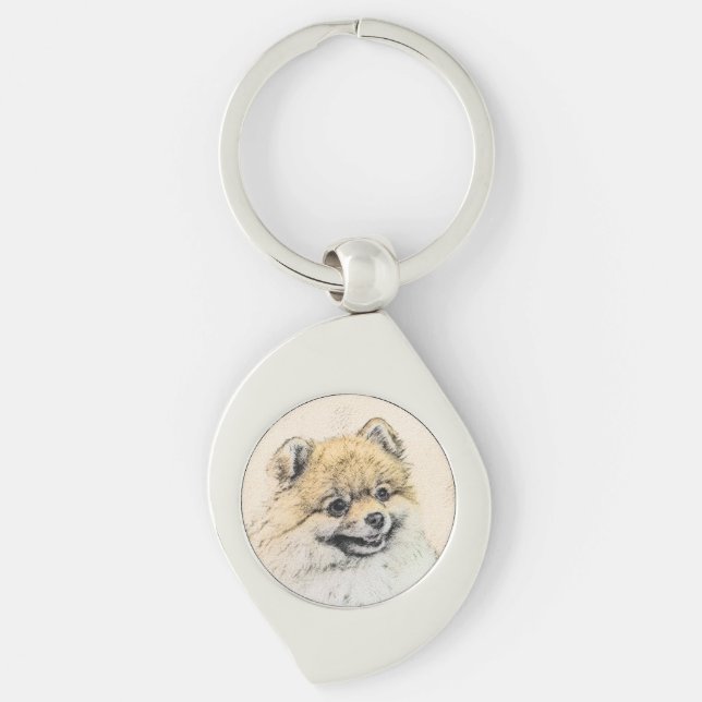 Spitz (Orange) Malerei - Originale Hundekunst Schlüsselanhänger (Vorderseite)