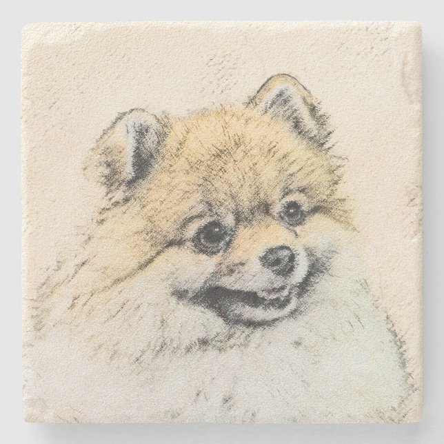 Spitz (Orange) Malerei - Originale Hundekunst Steinuntersetzer (Vorderseite)