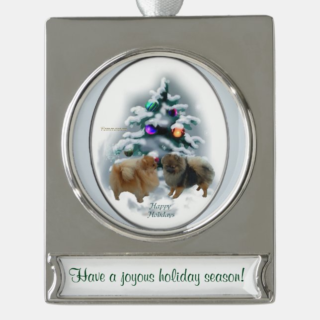 Spitz Personalisiert Weihnachten Banner-Ornament Silber (Vorderseite)