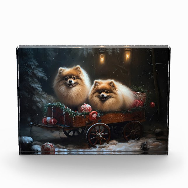 Spitz Snowy Sleigh Weihnachtsdekor Fotoblock (Vorderseite)