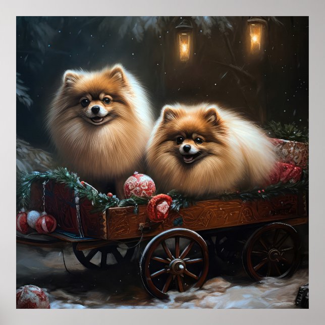 Spitz Snowy Sleigh Weihnachtsdekor Poster (Vorne)