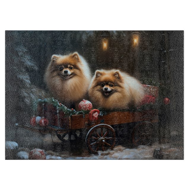 Spitz Snowy Sleigh Weihnachtsdekor Schneidebrett (Vorderseite)