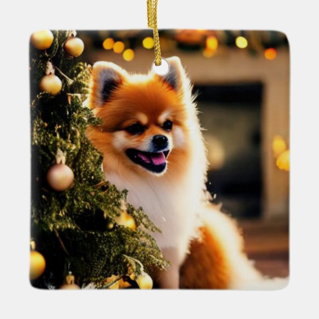 Spitz unter Weihnachtsbaum Keramikornament (Vorderseite)