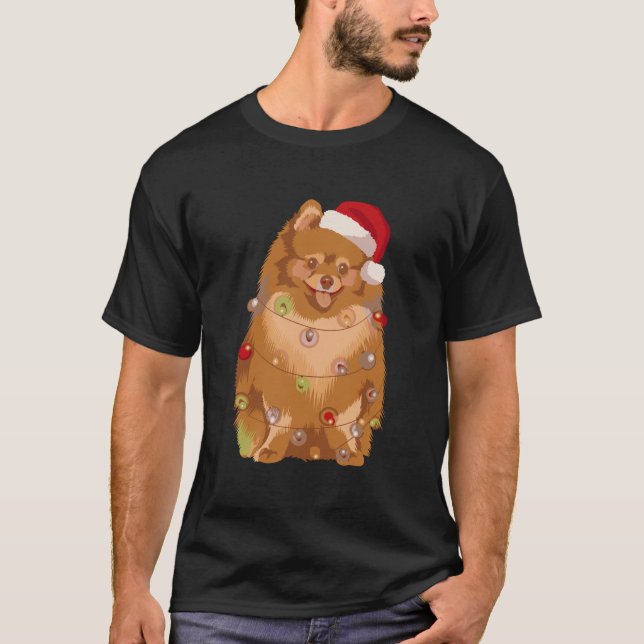 Spitz Weihnachten Lichter Xmas Pom Hund Lover T-Shirt (Vorderseite)