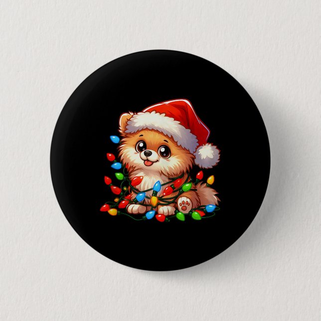 Spitz Weihnachtslicht Hund Funny Xmas Button (Vorderseite)