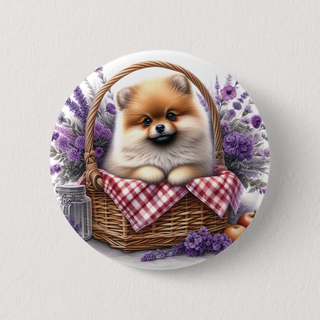 Spitz Welpe Hund Wasserfarbe Wildblume Picnic Button (Vorderseite)