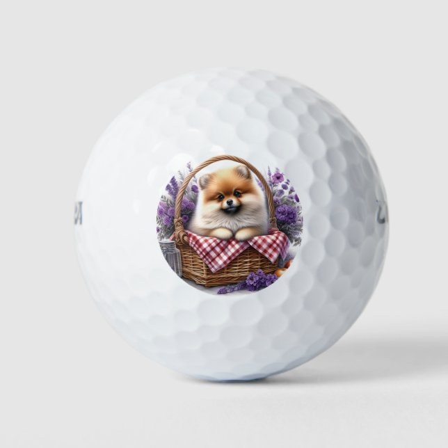 Spitz Welpe Hund Wasserfarbe Wildblume Picnic Golfball (Vorderseite)