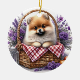 Spitz Welpe Hund Wasserfarbe Wildblume Picnic Keramik Ornament