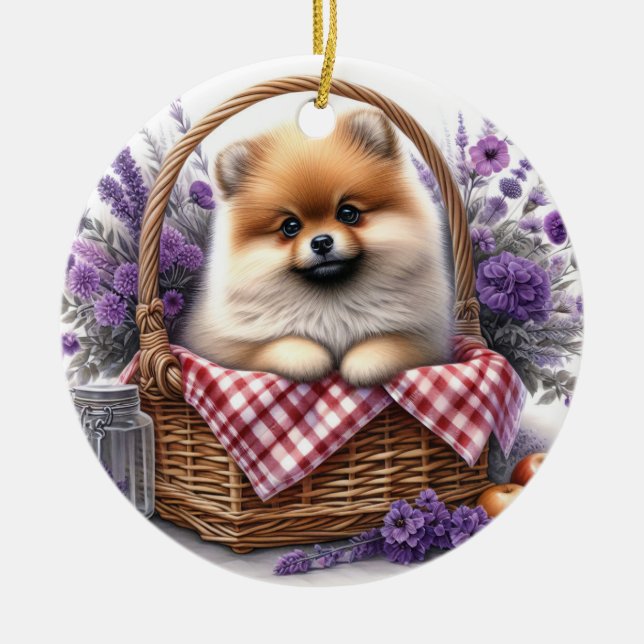 Spitz Welpe Hund Wasserfarbe Wildblume Picnic Keramik Ornament (Vorne)