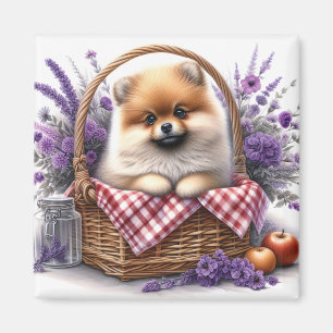 Spitz Welpe Hund Wasserfarbe Wildblume Picnic Magnet