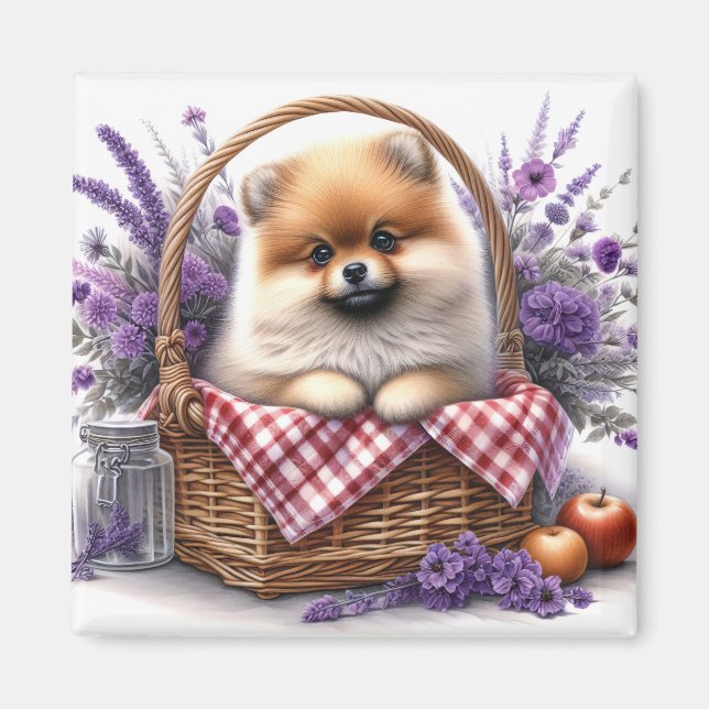Spitz Welpe Hund Wasserfarbe Wildblume Picnic Magnet (Vorne)