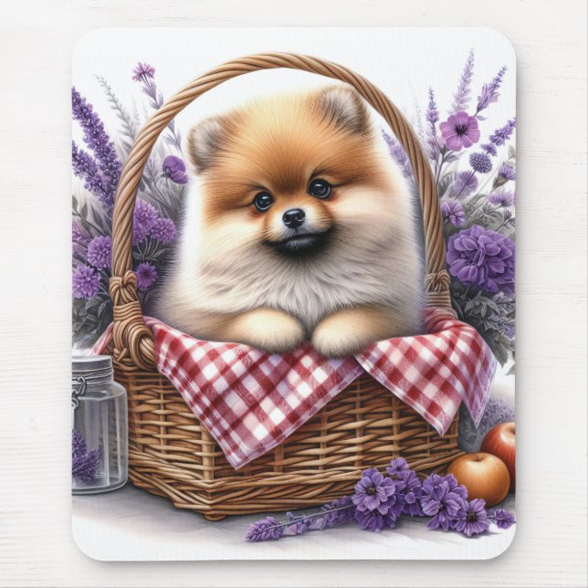 Spitz Welpe Hund Wasserfarbe Wildblume Picnic Mousepad (Vorne)