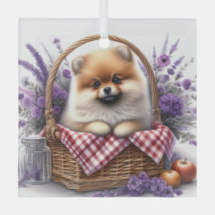 Spitz Welpe Hund Wasserfarbe Wildblume Picnic Ornament Aus Glas