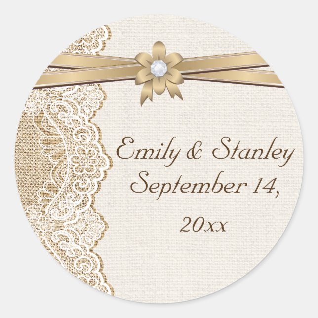 Spitze, Band-Blume und Hochzeit speichern Sie das  Runder Aufkleber (Vorderseite)