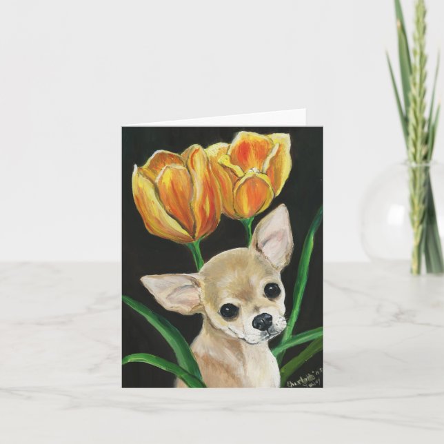 "Spitze, die durch die Tulpen" Chihuahua Notecard Karte (Vorderseite)