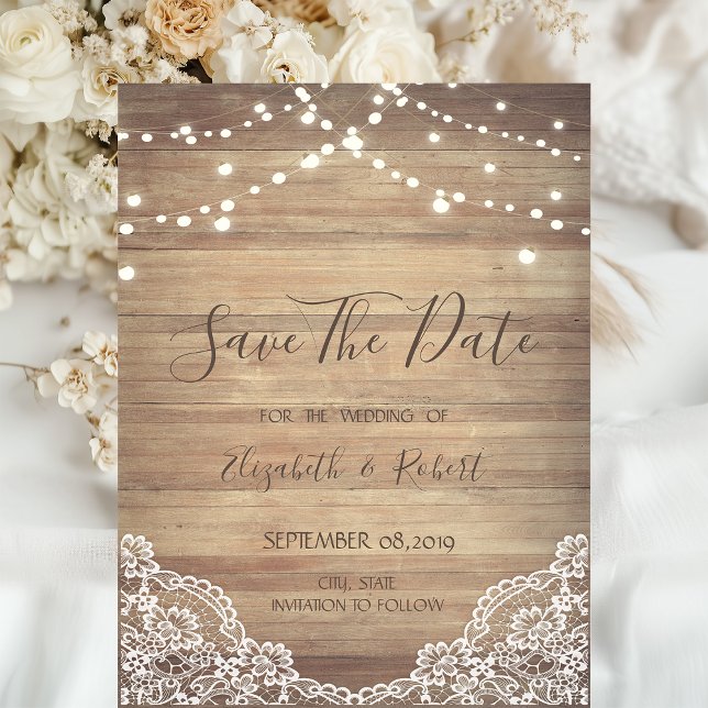 Spitze, Holzoptik, Lichterkette Save The Date (Von Creator hochgeladen)
