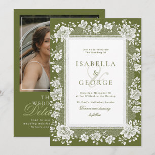 Spitze Olivgrün Spitze Old Money QR Foto Hochzeit Einladung