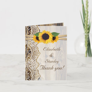 Spitze, Sonnenblumen und Holz Hochzeit Danke schön