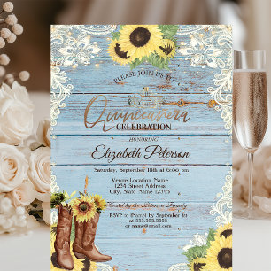 Spitze, Stiefel Sonnenblumen Blau Holz Quinceañera Einladung
