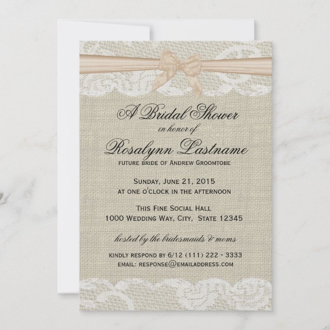 Spitze und Burlap mit Peach Bow Brautparty Einladung (Vorderseite)