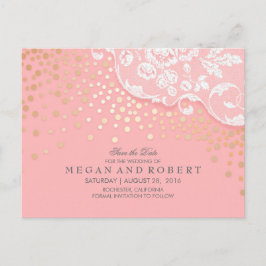 Spitze und Gold Confetti Rosa Save the Date Vintag Ankündigungspostkarte