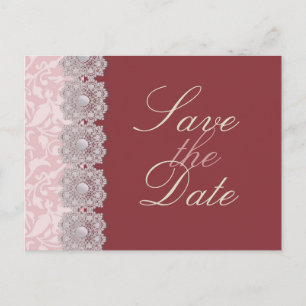 Spitze und Perlen Himbeere Save the Date Postkarte