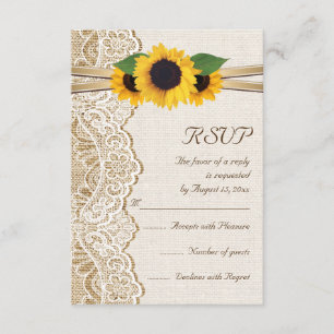 Spitzen, Bänder und Sonnenblumen auf Hochzeitshoch RSVP Karte