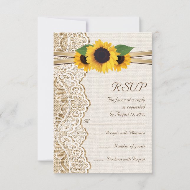 Spitzen, Bänder und Sonnenblumen auf Hochzeitshoch RSVP Karte (Vorderseite)