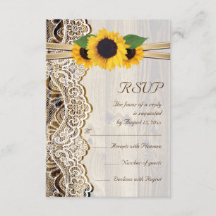 Spitzen, Bänder und Sonnenblumen auf Holzhochzeit  RSVP Karte