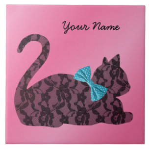 Spitzen-Katze mit Aquamarinem Bow - Rosa Personali Fliese