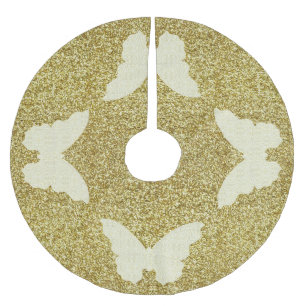 Spitzen-Schmetterling auf Gold-Glitzer-Baumrock Polyester Weihnachtsbaumdecke