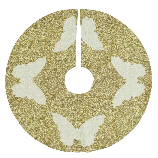 Spitzen-Schmetterling auf Gold-Glitzer-Baumrock Polyester Weihnachtsbaumdecke (Vorderseite)