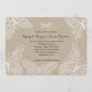 Spitzen-Schmetterlinge auf Jute-Hochzeitseinladung Einladung