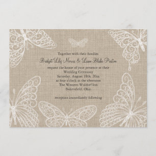 Spitzen-Schmetterlinge auf Jute-Hochzeitseinladung Einladung