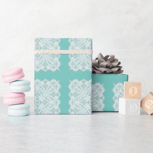 Spitzen sehen aquamarin, weiß Vintag, altmodisch Geschenkpapier (Babyparty)