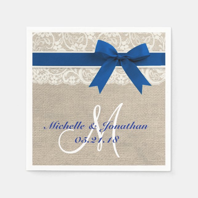 Spitzen und Burlap Rustic Wedding Napkin Royal Blu Serviette (Vorderseite)