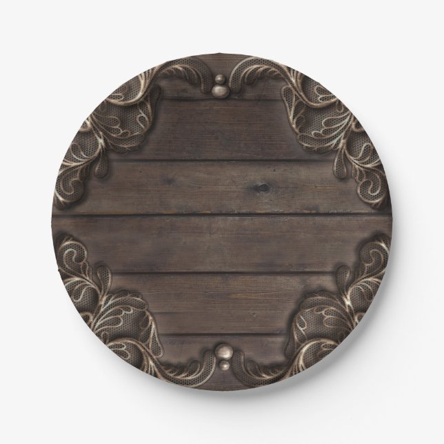 Spitzen- und Dunkelholz Rustikaler Vintager Wester Pappteller (Vorderseite)