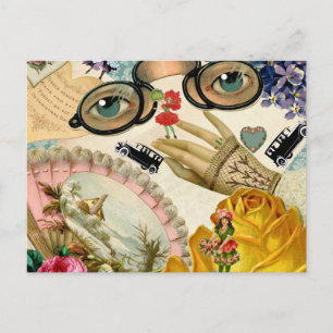 Spitzenfächer Brille und Blumen Postkarte