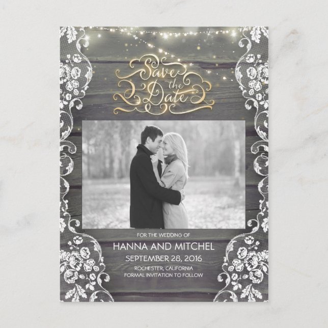 Spitzenholz-Saitenleuchten Rustikales Foto Save th Ankündigungspostkarte (Vorderseite)