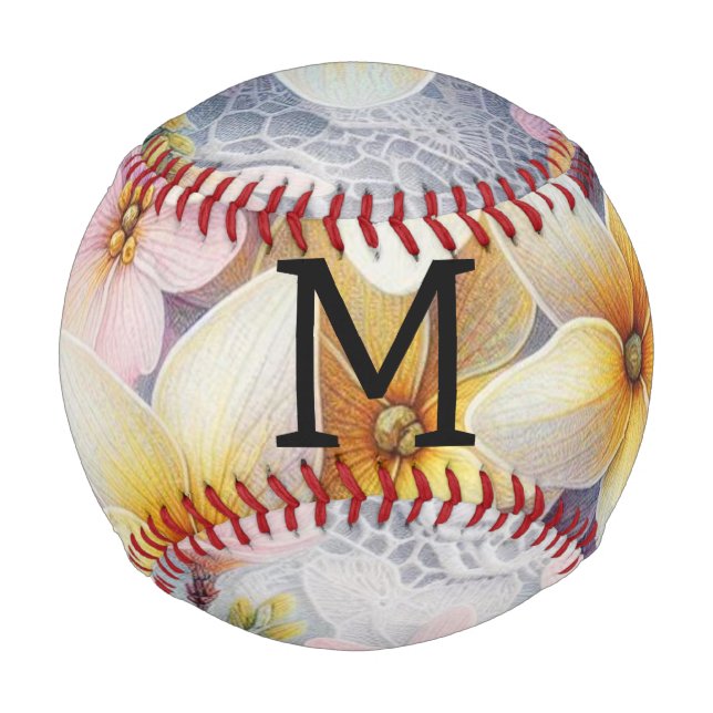 Spitzenmonogramm rosa und gelbe Frühlingsblumen  Baseball (Vorderseite)
