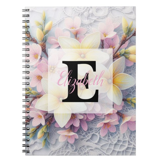 Spitzenmonogramm rosa und gelbe Frühlingsblumen  Notizblock (Vorderseite)