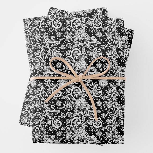 Spitzenmuster auf schwarzem Hintergrund Geschenkpapier Set (Beispiel)