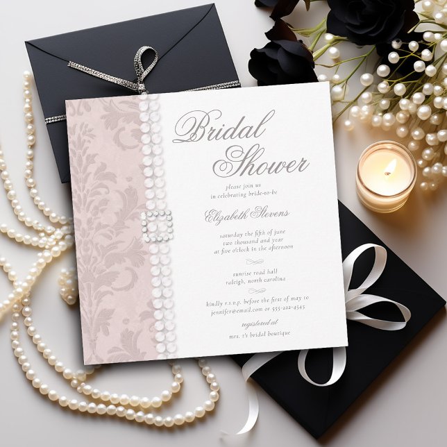 Spitzenpearls Damask Pink Chic Elegantes Brautpart Einladung (lace and pearls bridal shower invitation pink blush white black elegant formal modern classic)
