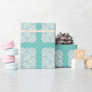 Spitzenuntersetzer-Look Türkis Weiß Vintage altmod Geschenkpapier