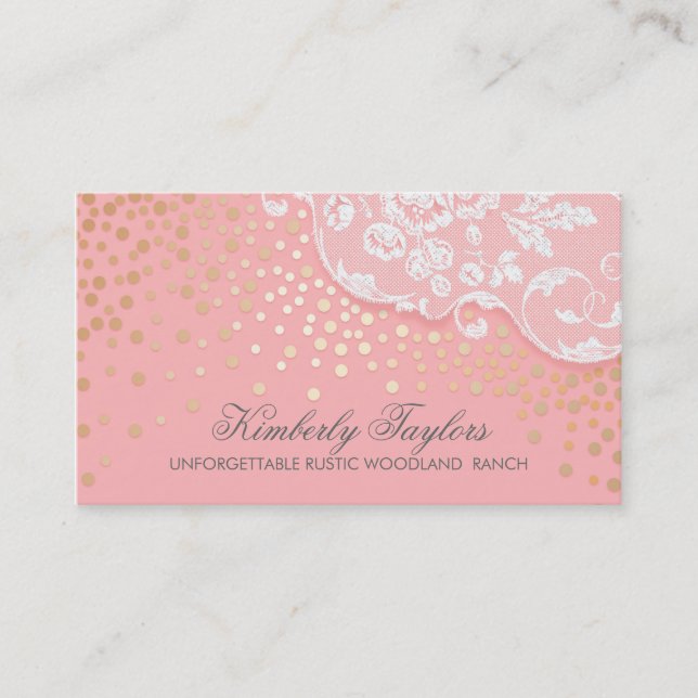 Spitzeund Goldconfetti-Rosa-Vintages elegantes Visitenkarte (Vorderseite)