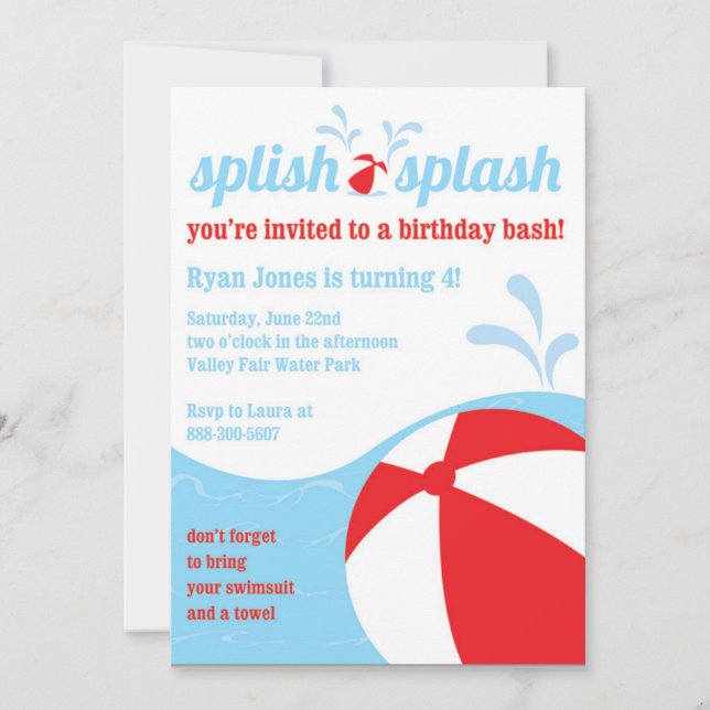 Splash Birthday Pool Party Einladungen (Vorderseite)
