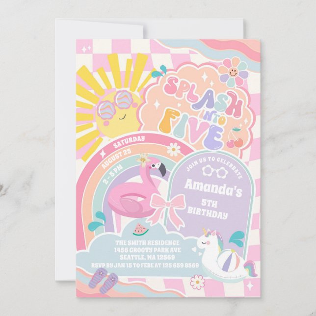 Splash Into Five Cloud Rainbow Disco 5th Birthday  Einladung (Vorderseite)