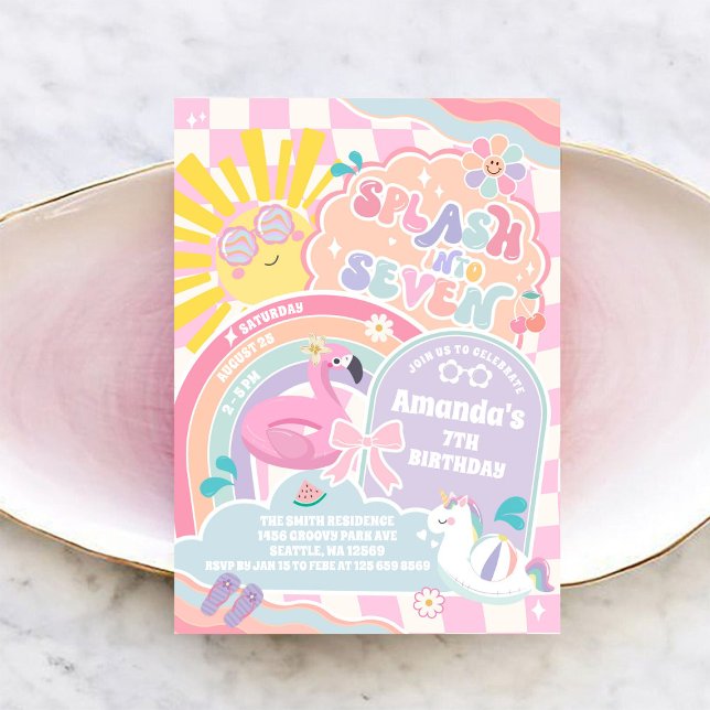 Splash Into Seven Pool Party Rainbow 7th Birthday  Einladung (Von Creator hochgeladen)